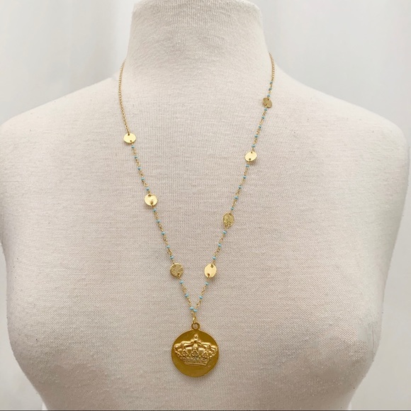 Long Vermeil & Turquoise Chain w/Crown Pendant - Picture 2 of 7